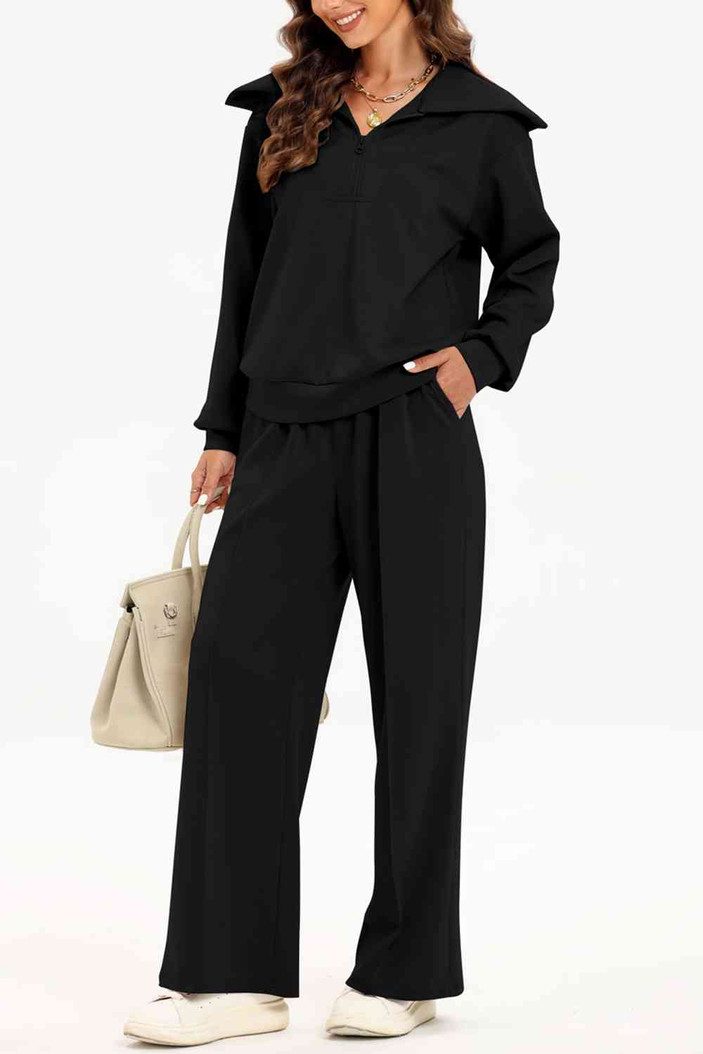 Half Zip Collared Neck Sweatshirt and Pants Set