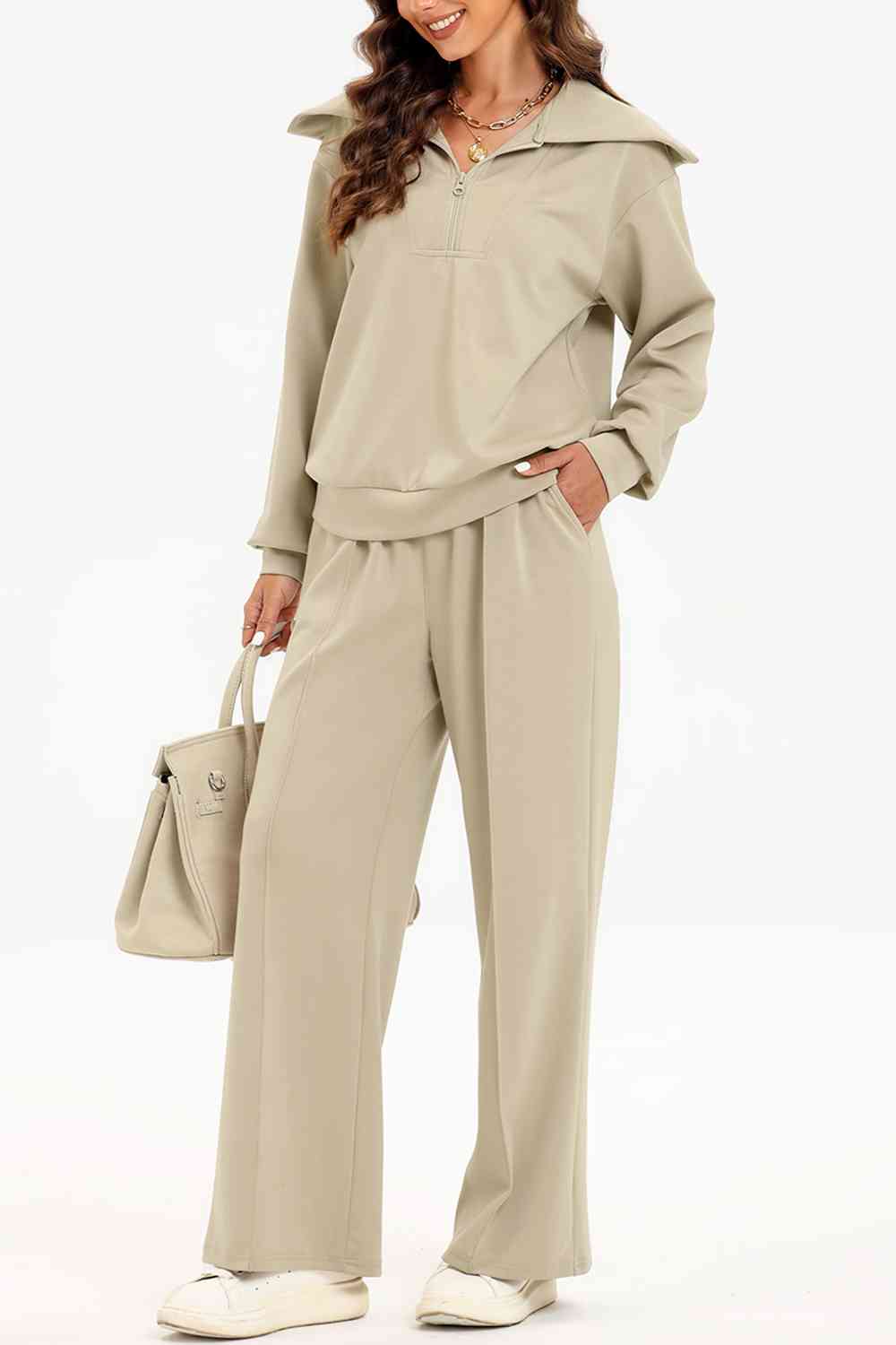 Half Zip Collared Neck Sweatshirt and Pants Set